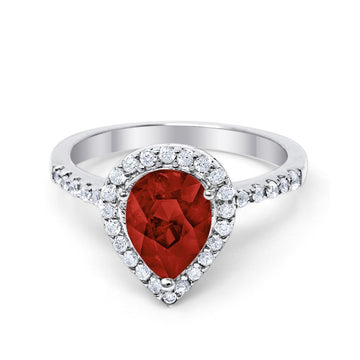 Halo Teardrop Bridal Filigree Ring Simulated Garnet CZ  925 Sterling Silver